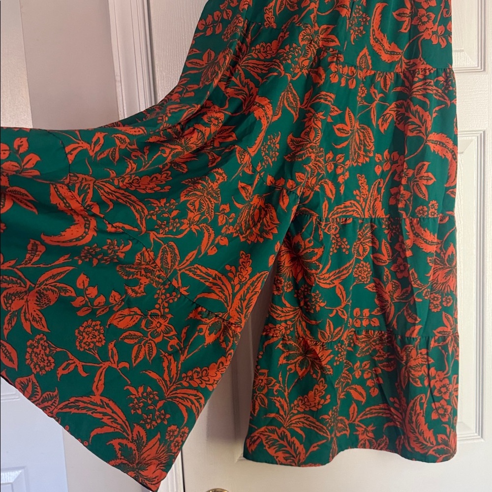 Green and Orange Floral Wide Leg Elastic Waist Ankle Pants